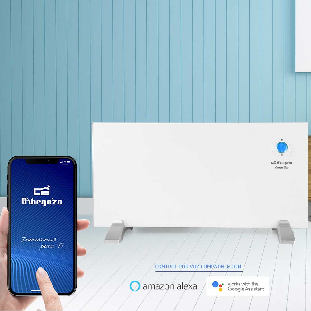 Biały grzejnik z niebieskim wyświetlaczem sterowania, sterowany przez telefon pokazujący aplikację.