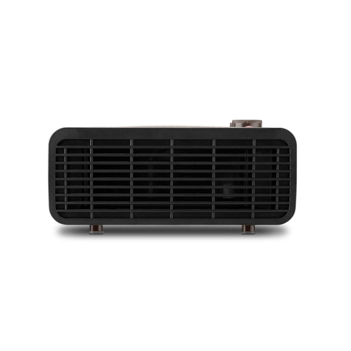 Proyector negro con rejilla de ventilación y mandos de control. Está sobre un fondo blanco.