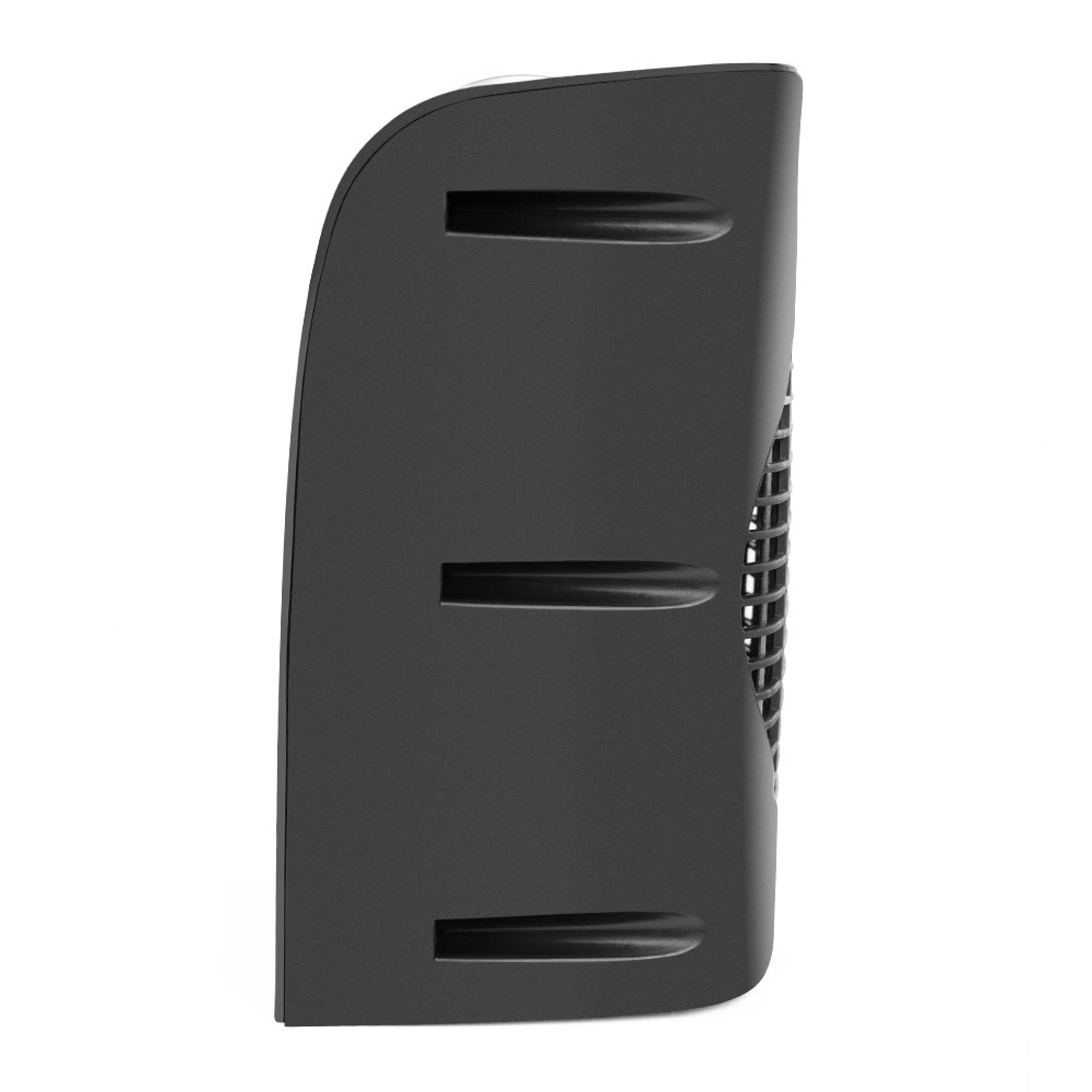 Czarny grzejnik elektryczny, widok z boku, z trzema poziomymi szczelinami i wentylatorem.