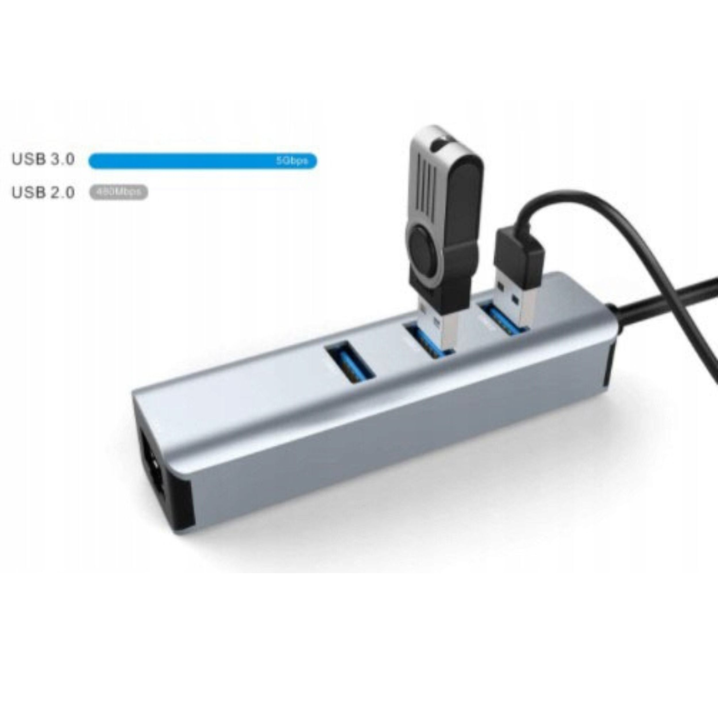 Srebrny hub USB z pendrivem i dwoma wpiętymi kablami USB.