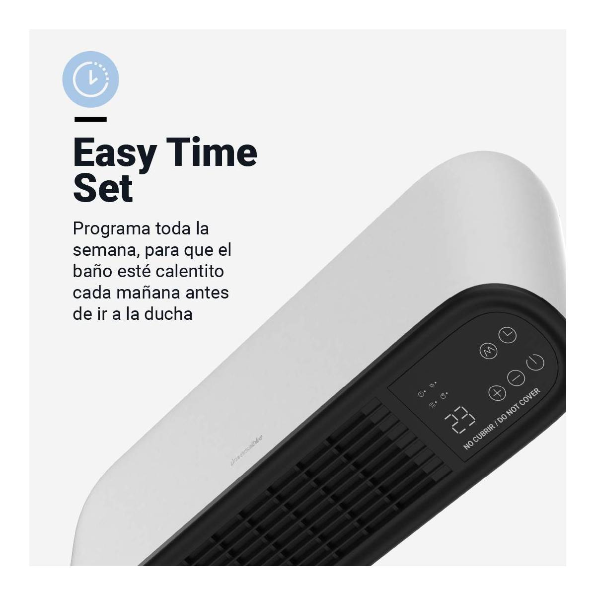 Czarno-biały grzejnik z wyświetlaczem cyfrowym i przyciskami sterowania.