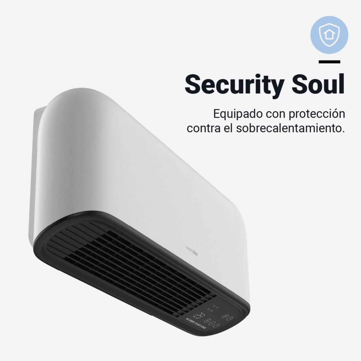 Biały grzejnik naścienny, logo Security Soul, z tekstem po hiszpańsku.