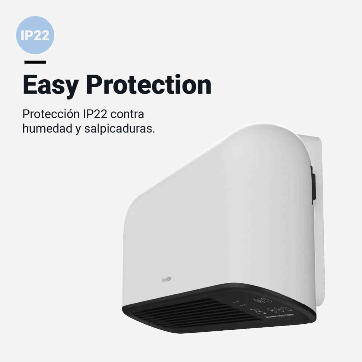 Biały grzejnik naścienny z panelem sterowania. Tekst IP22 Easy Protection.