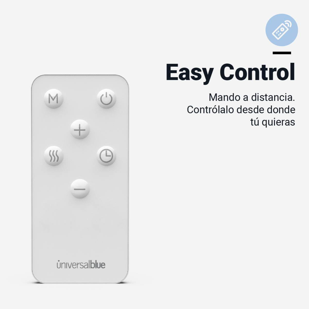 Biały pilot z przyciskami. Tekst brzmi "Easy Control" i "Universalblue" na dole.