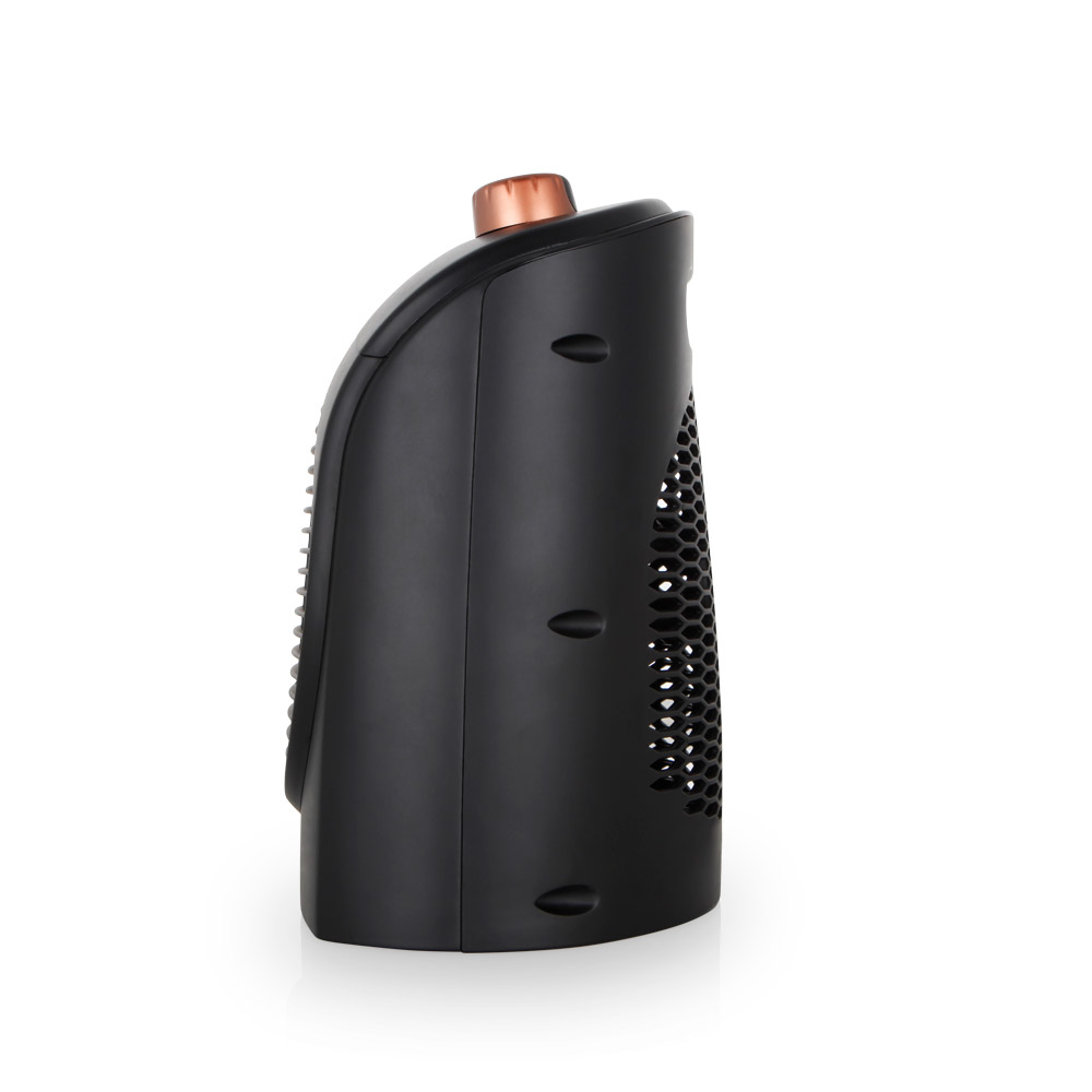 Widok z boku czarnego grzejnika z miedzianą górą i wzorem plastra miodu.