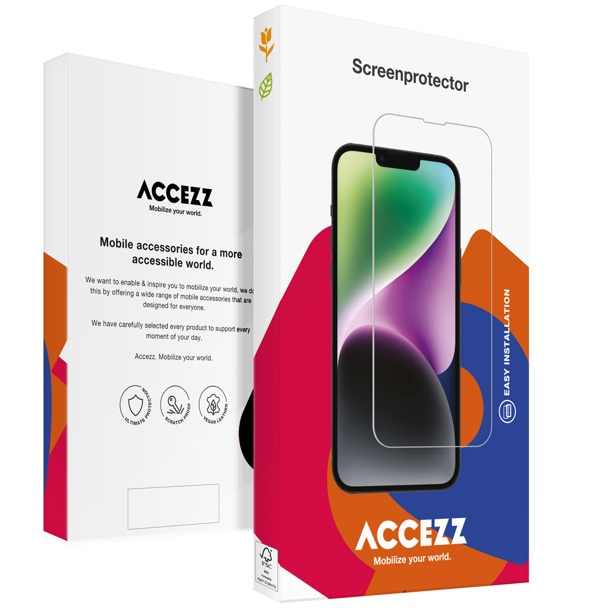 Twee dozen met schermbeschermers. Eén is open, met de schermbeschermer en een telefoon. Witte achtergrond.