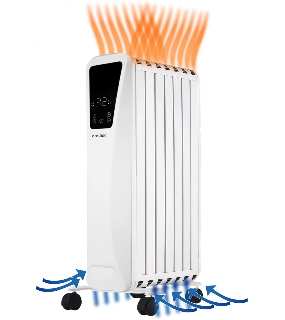 Un radiador de aceite blanco sobre ruedas, con ondas de calor naranja ascendentes. Tiene una pantalla digital.