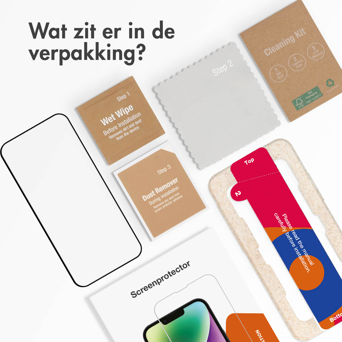 Inhoud van de verpakking: telefoon, schermbeschermer, reinigingskit, vochtig doekje, doek en hoesje.