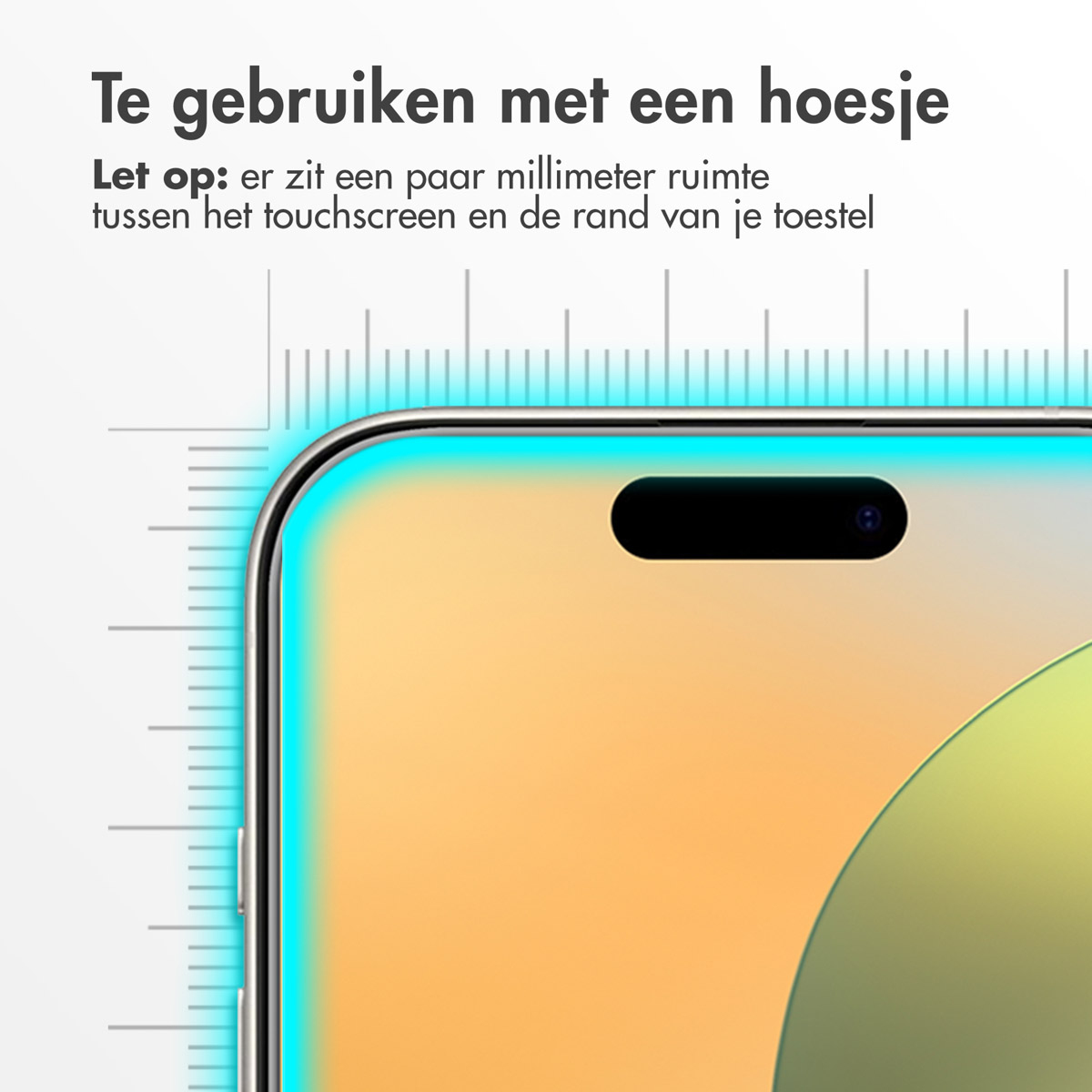 Un écran de téléphone avec un protecteur d'écran appliqué et une règle montrant l'espace.