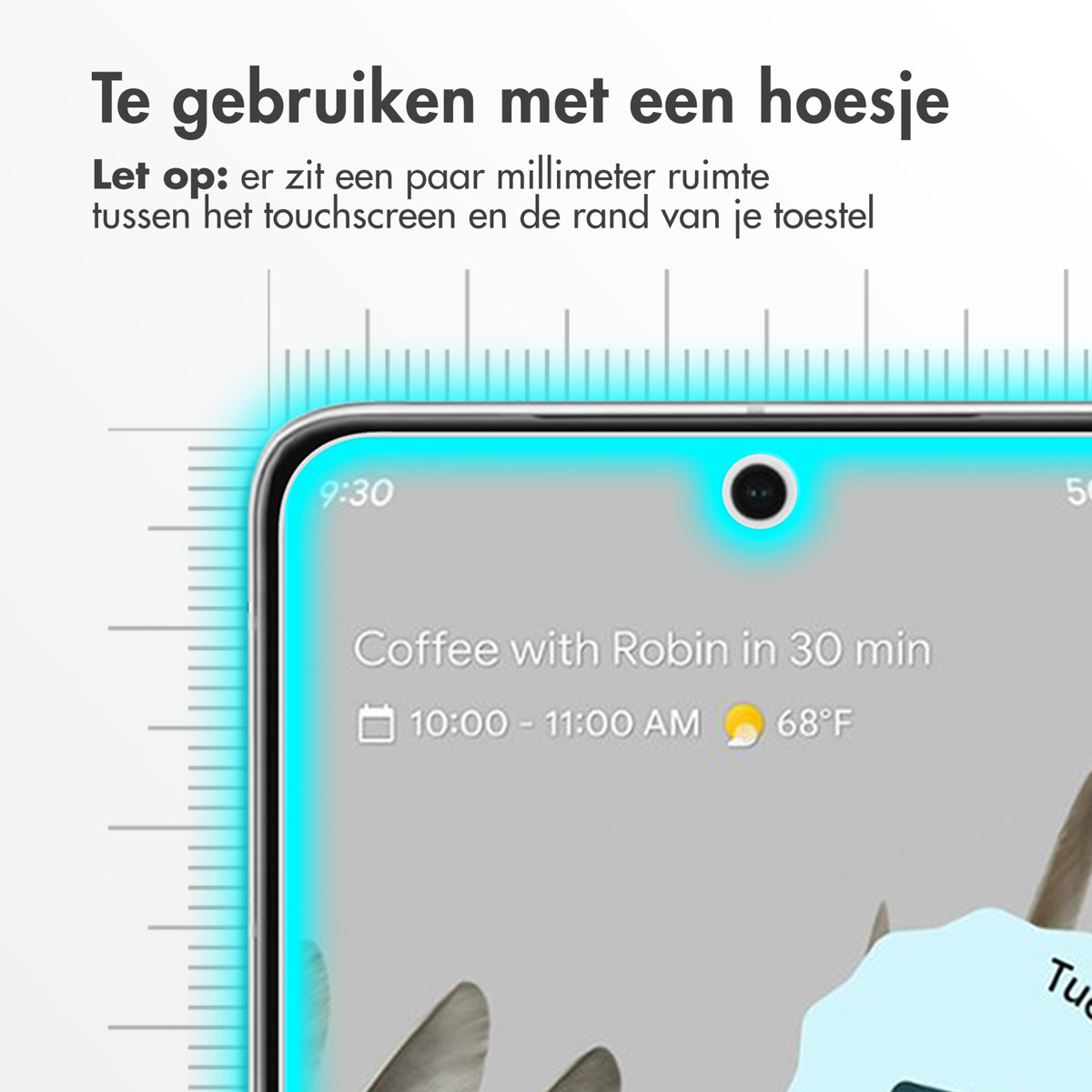 Phone screen with a screen protector. Calendar event, time, and weather are visible.