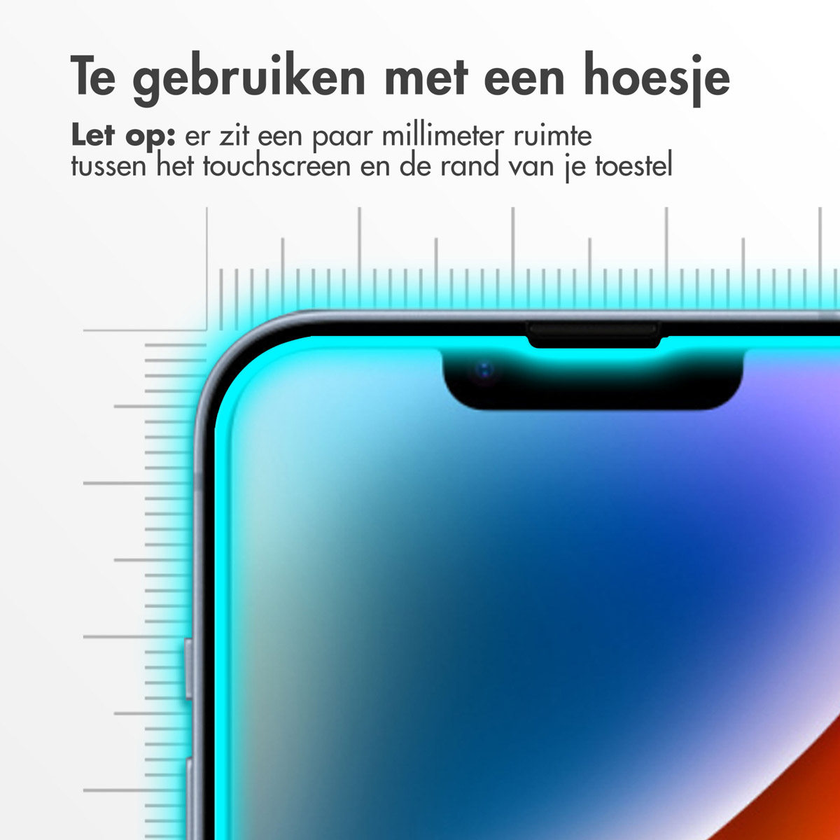 Gros plan sur un écran de téléphone avec protection et texte sur l'espace entre l'écran et l'étui.