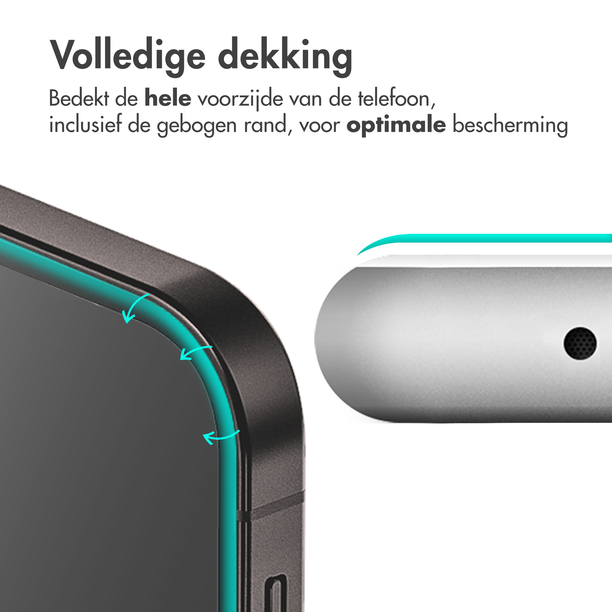 Telefoonscherm met beschermhoes. Pijlen tonen de volledige dekking. Zwarte telefoon op witte achtergrond.