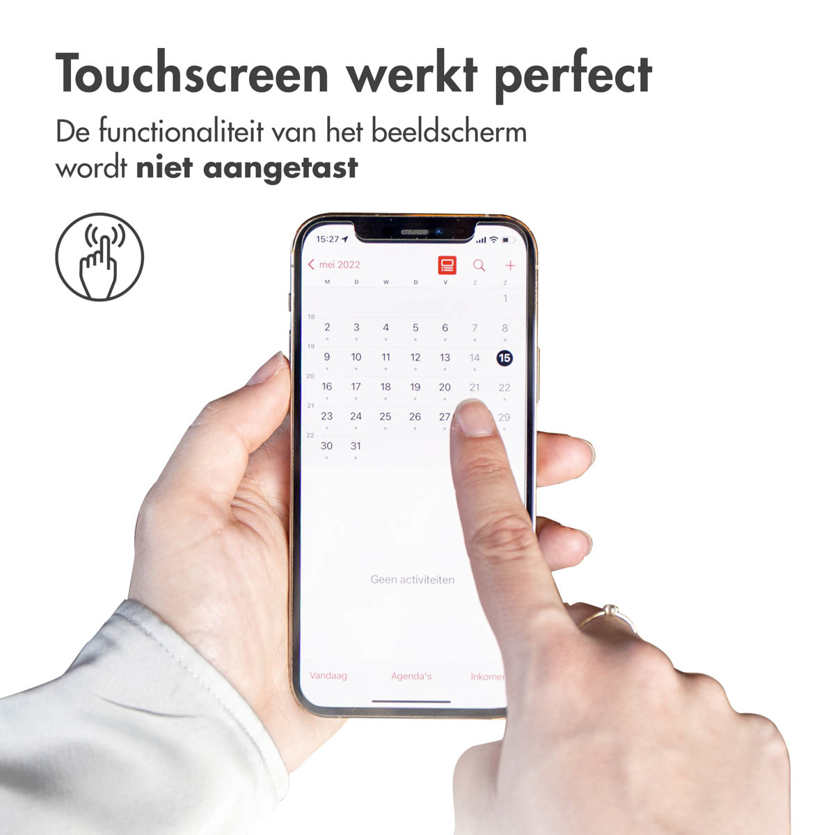 Hand die een telefoonscherm aanraakt met een kalender, de 15e gemarkeerd.