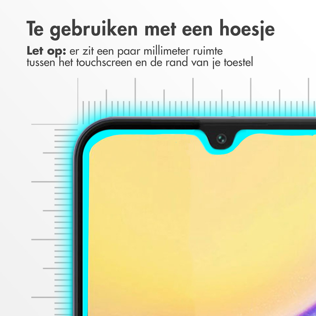 Close-up van een telefoon met een schermbeschermer geïnstalleerd, met tekst.