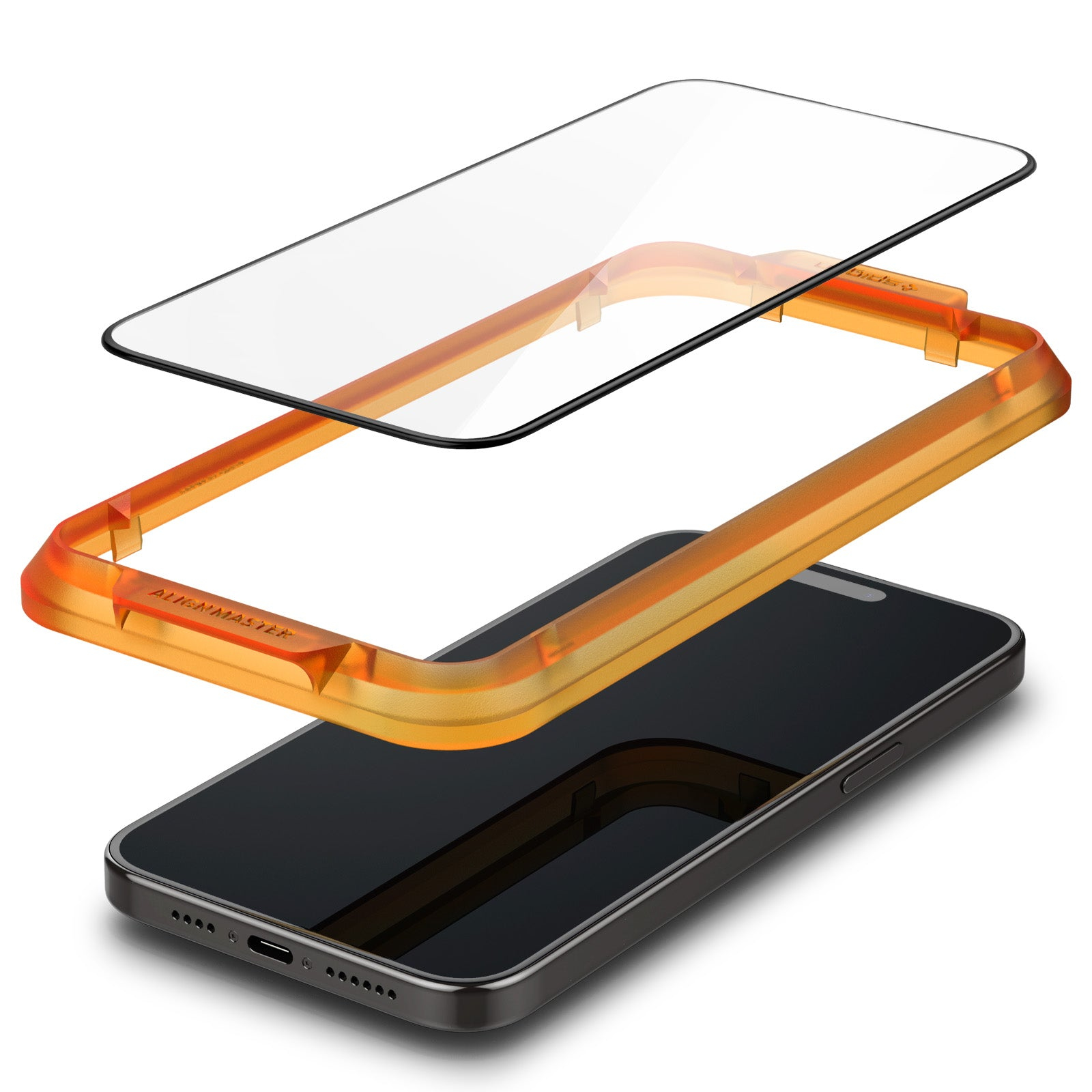 Telefono con cornice arancione, vetro e protezione schermo, che mostra i componenti.