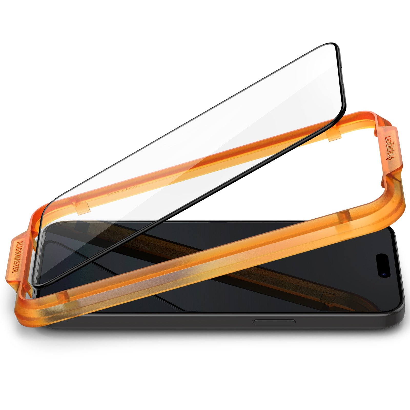 Telefono con cornice arancione e vetro. Protezione schermo in fase di installazione.