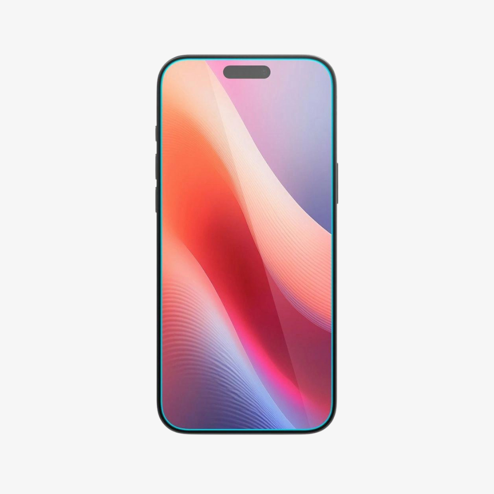 Un telefono con un display colorato. La protezione schermo è visibile.