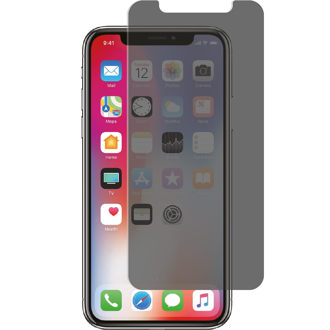 Un écran de téléphone avec des applications, recouvert d'un protecteur d'écran.