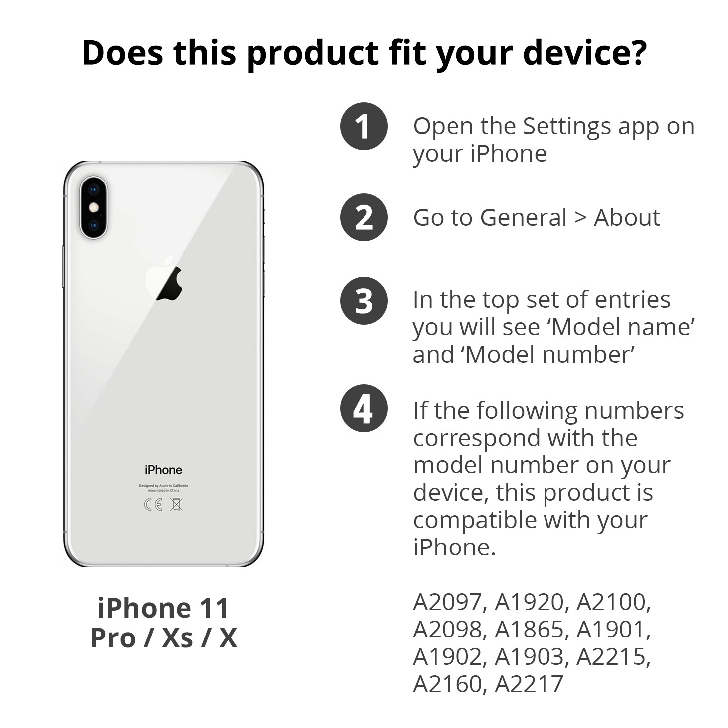 Un iPhone 11 Pro avec un dos et des instructions sur la façon de trouver le numéro de modèle.