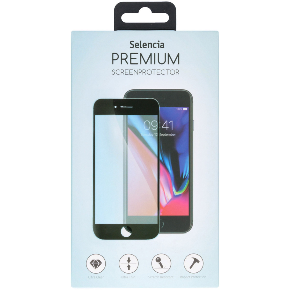 Une boîte montrant un téléphone avec un protecteur d'écran transparent appliqué.
