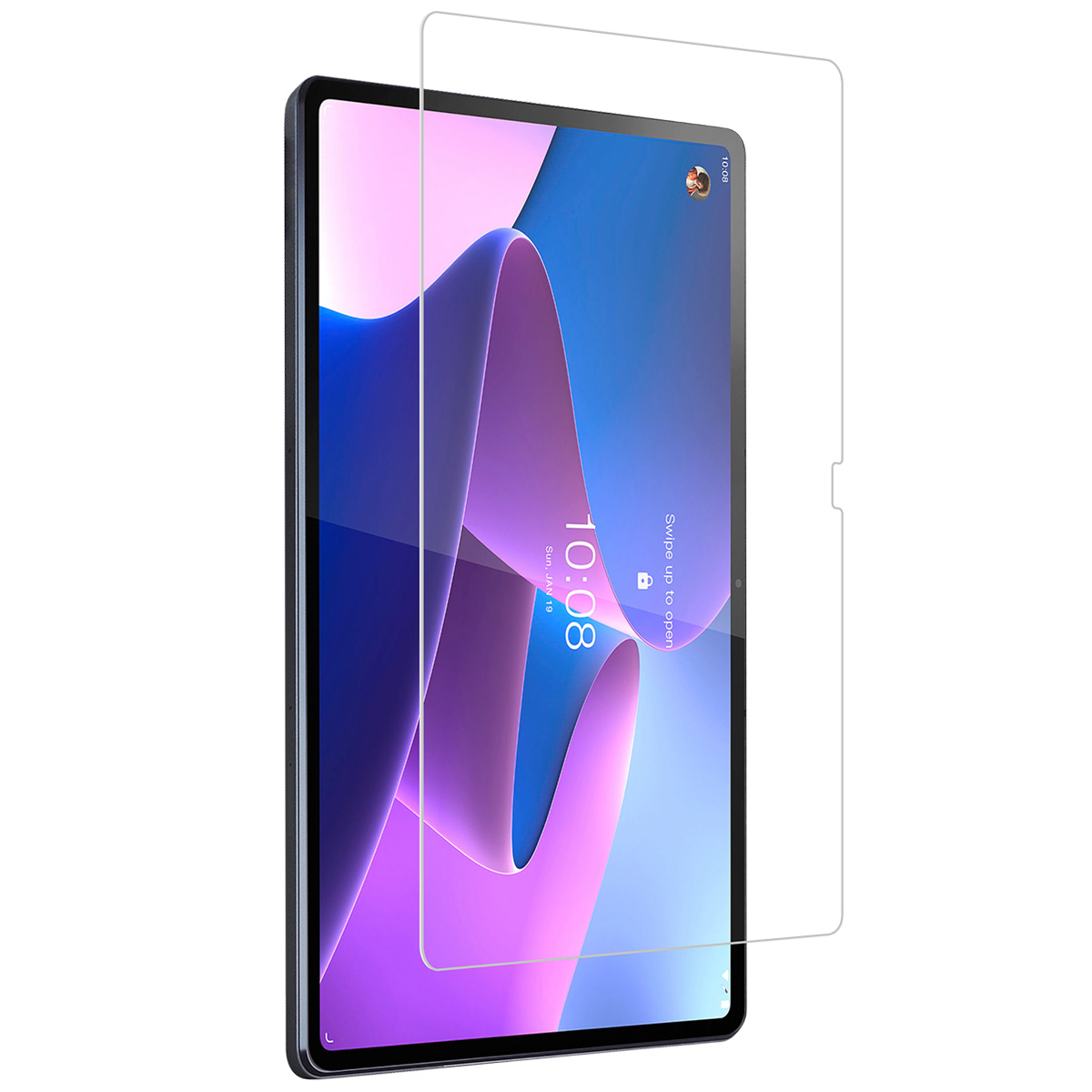 Tablet con protezione schermo applicata, con testo sullo schermo, su sfondo bianco.