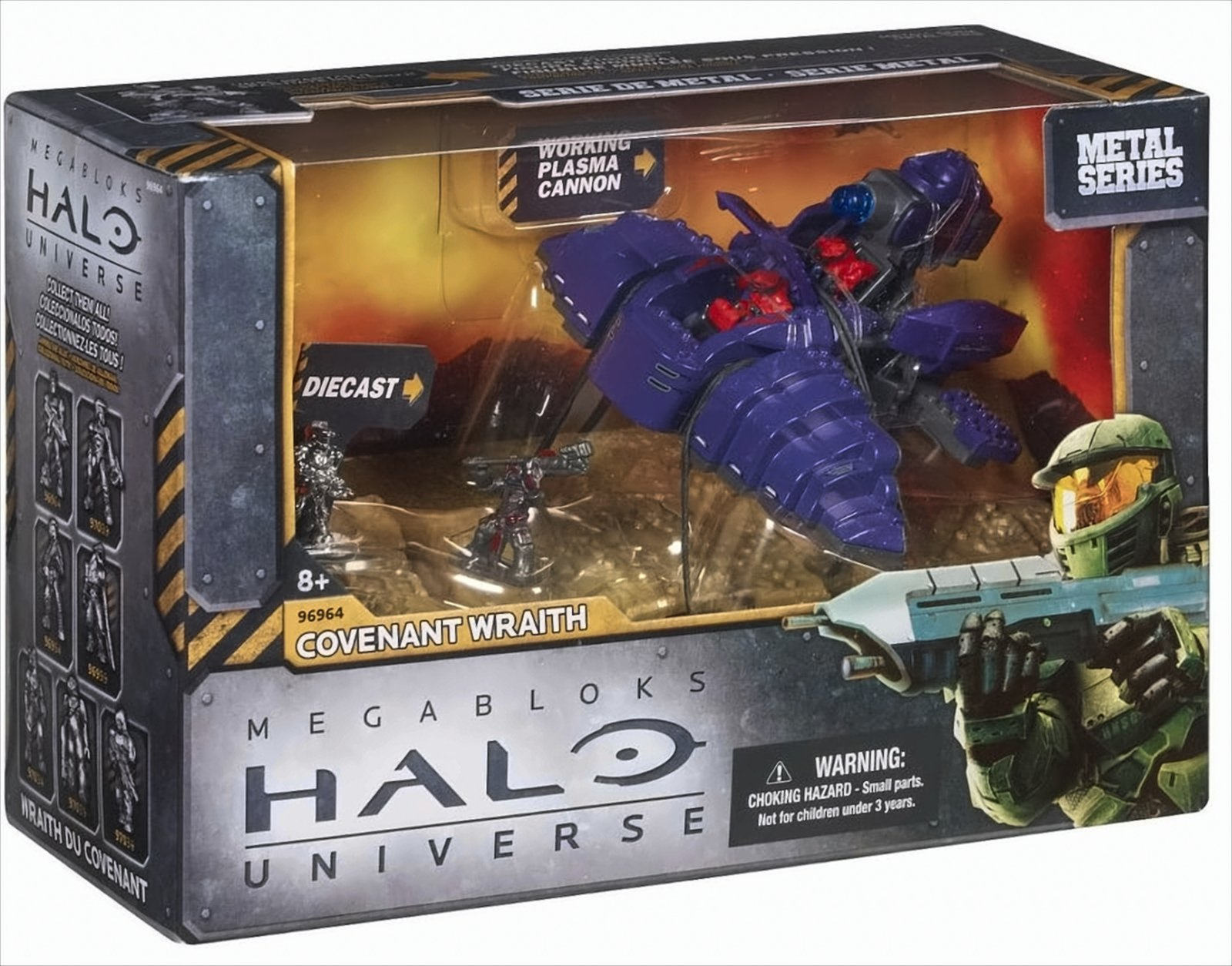 Ein Spielzeugset in einer Box. Es enthält ein lila Fahrzeug und Soldatenfiguren. Die Box sagt 'Halo Universe'.