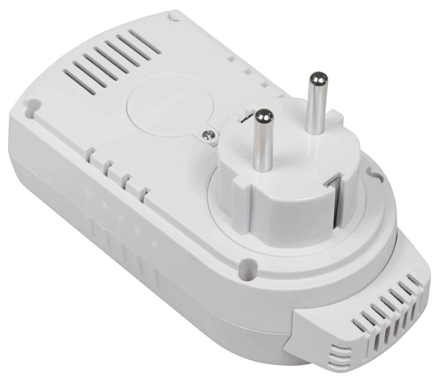 Ein weißer Netzadapter mit zwei Stiften. Es hat ein gebogenes Design und ein Lüftungsgitter.