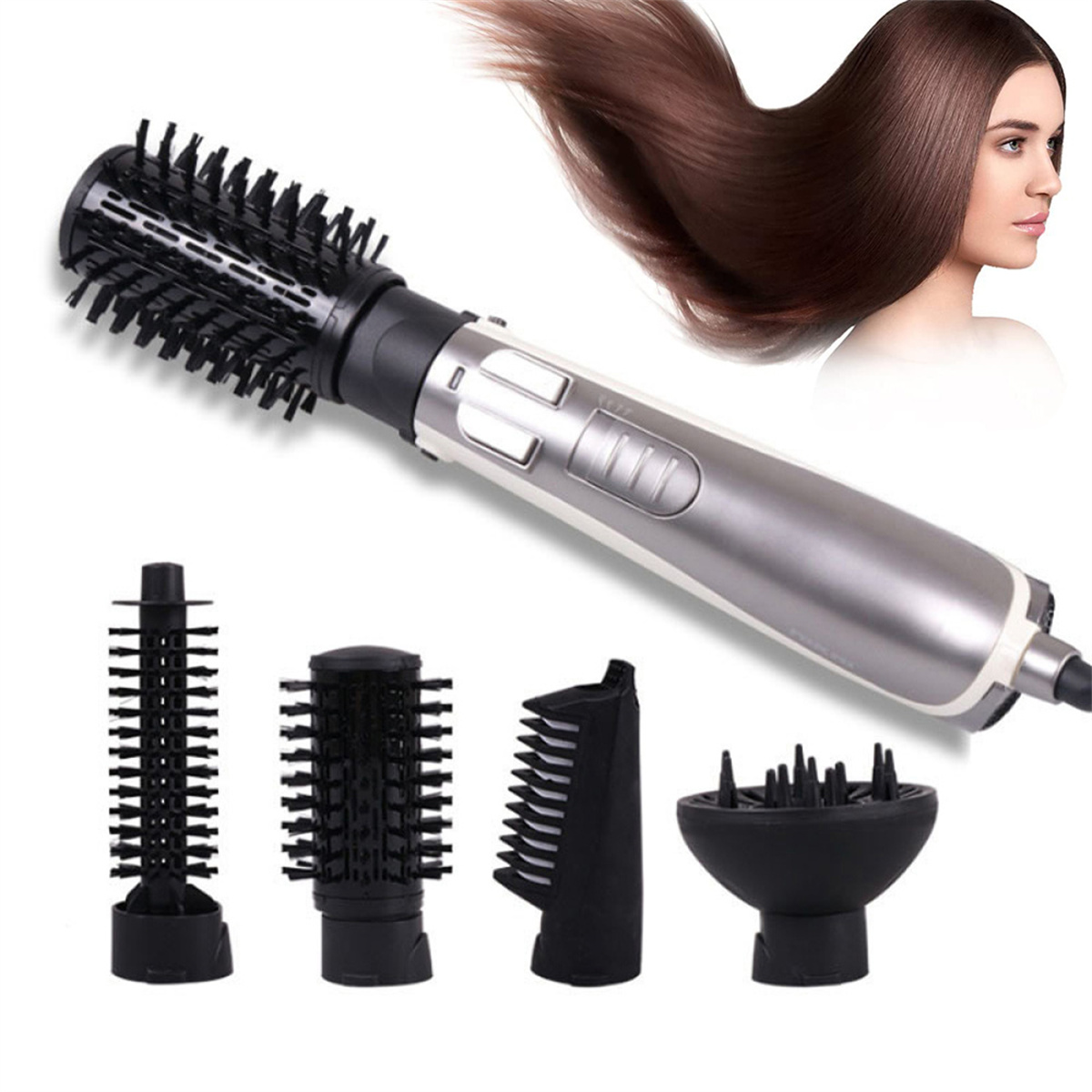 Haarstylingbürste mit mehreren Aufsätzen und einer Frau mit glattem Haar.