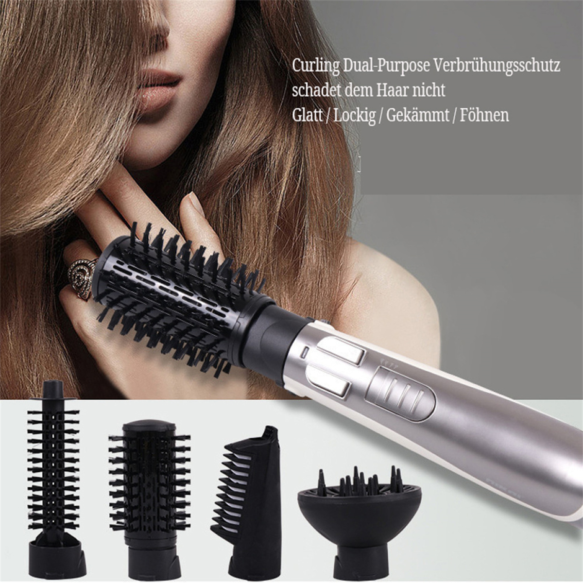 Haarstyling-Werkzeug mit austauschbaren Aufsätzen und Frauenhaar im Hintergrund.