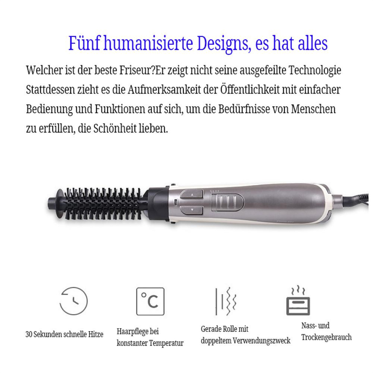 Eine silberne Haarstylingbürste mit schwarzen Borsten. Text auf Deutsch mit Symbolen für Heizeinstellungen und Zeit.
