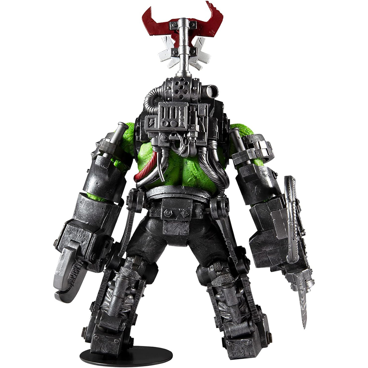 Eine grüne und graue Actionfigur. Sie hat ein rotes Kopfstück und hält eine Waffe. Schwarzer Ständer.