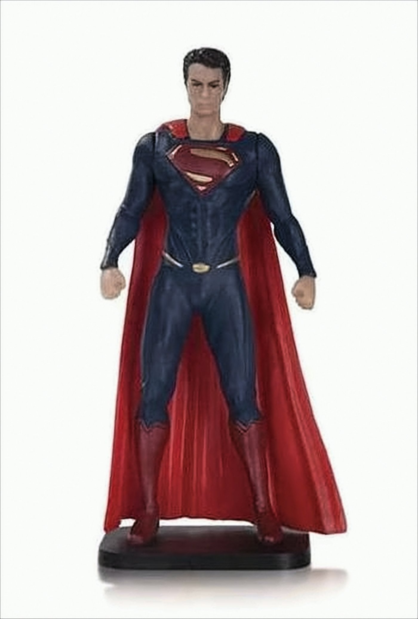 Superman-Figur in klassischer Pose, trägt blauen Anzug und roten Umhang.