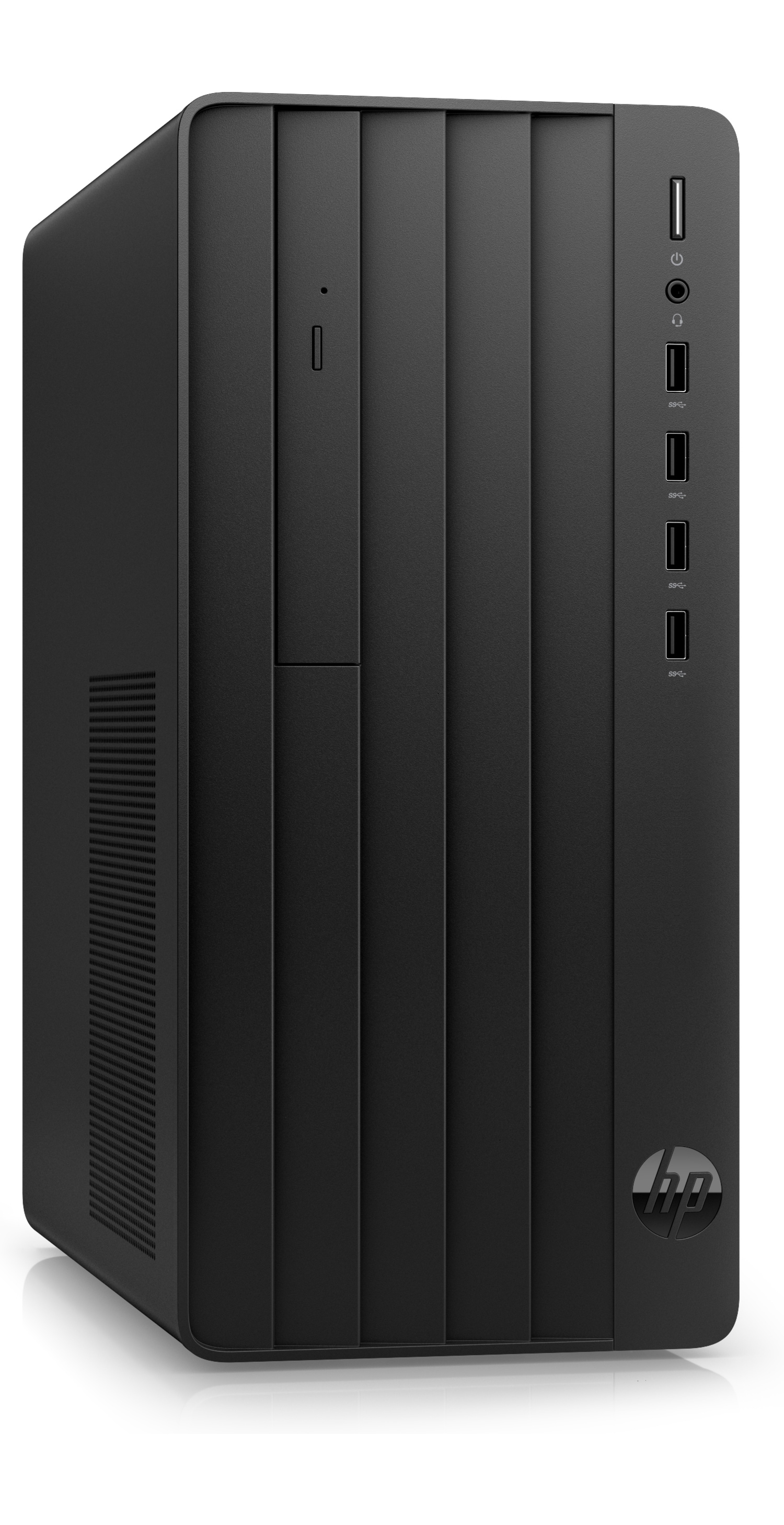 Computer desktop nero. Design verticale, logo HP in basso. Porte frontali.