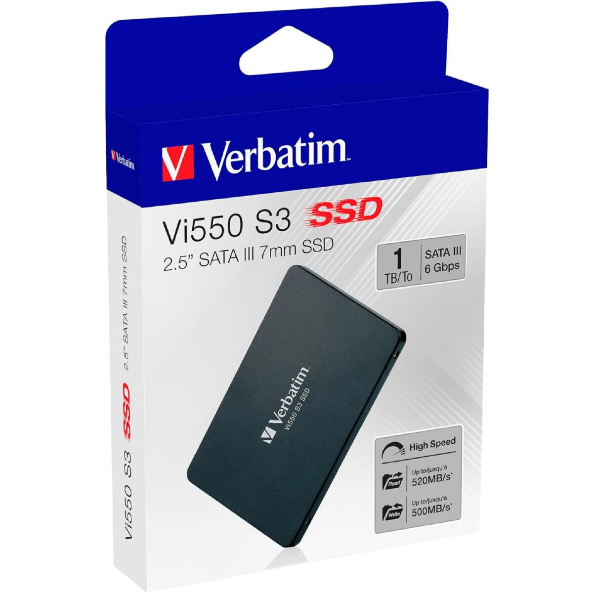 Boîte SSD Verbatim. La boîte contient une image d'un SSD et des étiquettes de texte.
