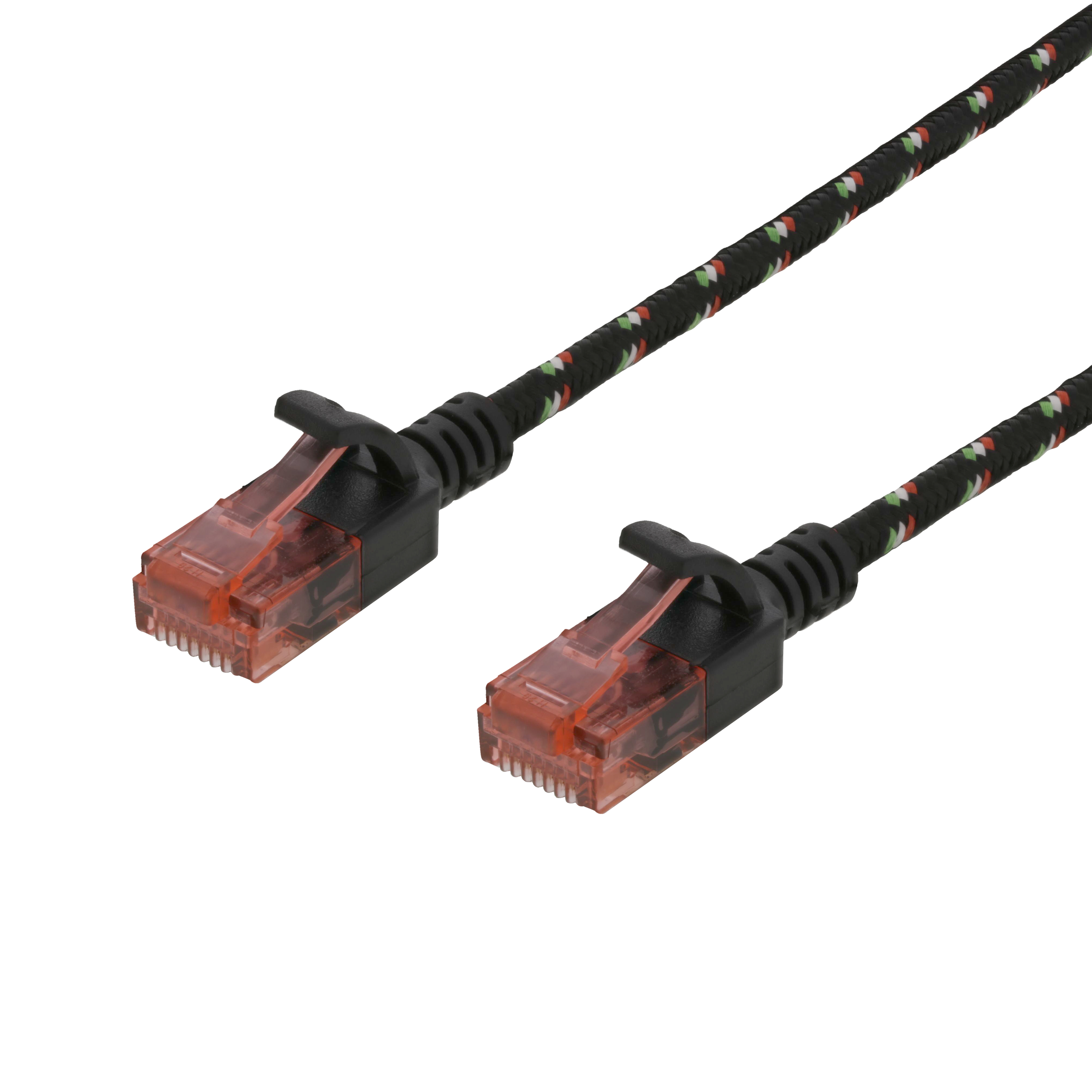 Zwei schwarze und gemusterte Ethernet-Kabel mit orangefarbenen Steckern vor weißem Hintergrund.