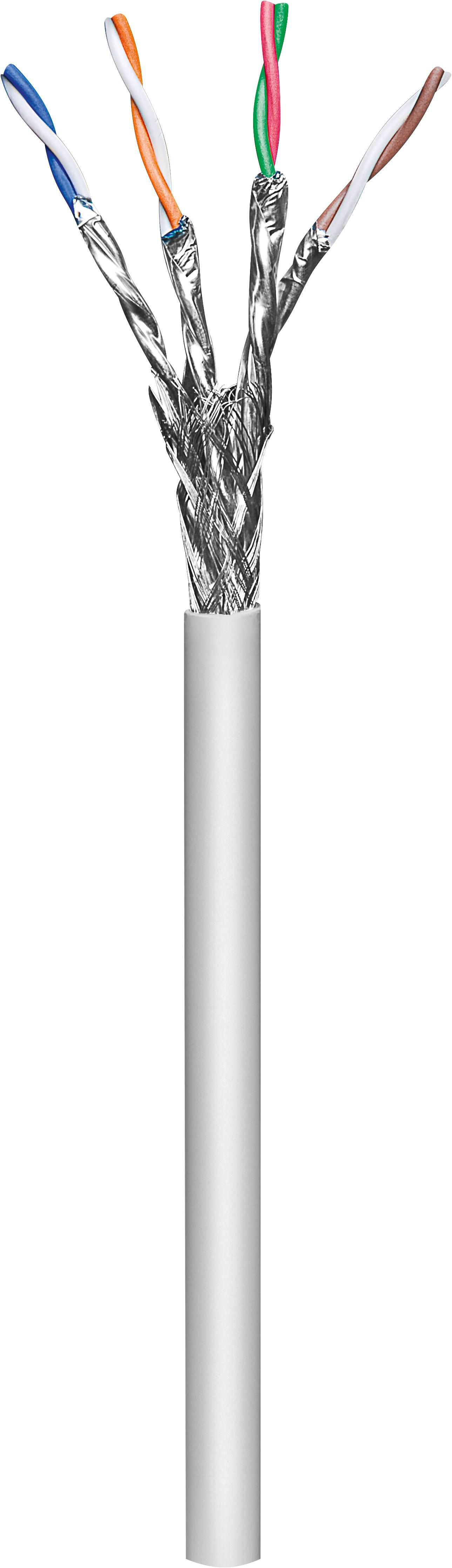Cavo Cat6 tagliato con più coppie intrecciate e guaina esterna argentata.