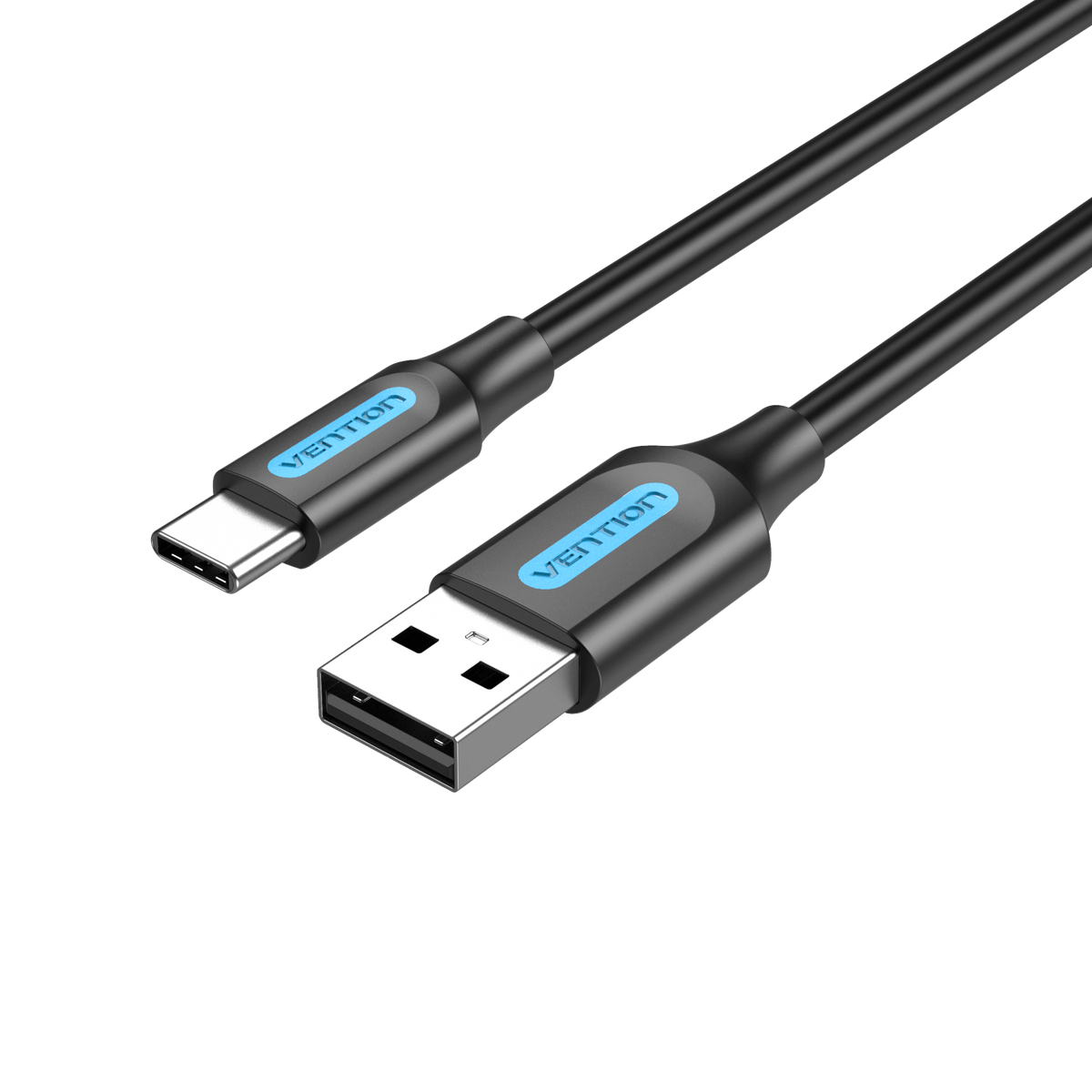 Câble de charge USB noir. USB-C vers USB-A. Étiquettes bleues Vention à chaque extrémité.