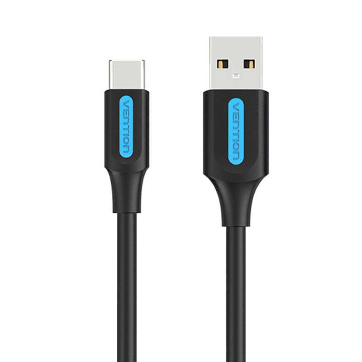 Cavi di ricarica neri. Da USB-C a USB-A. Etichette blu Vention su ciascuna estremità.