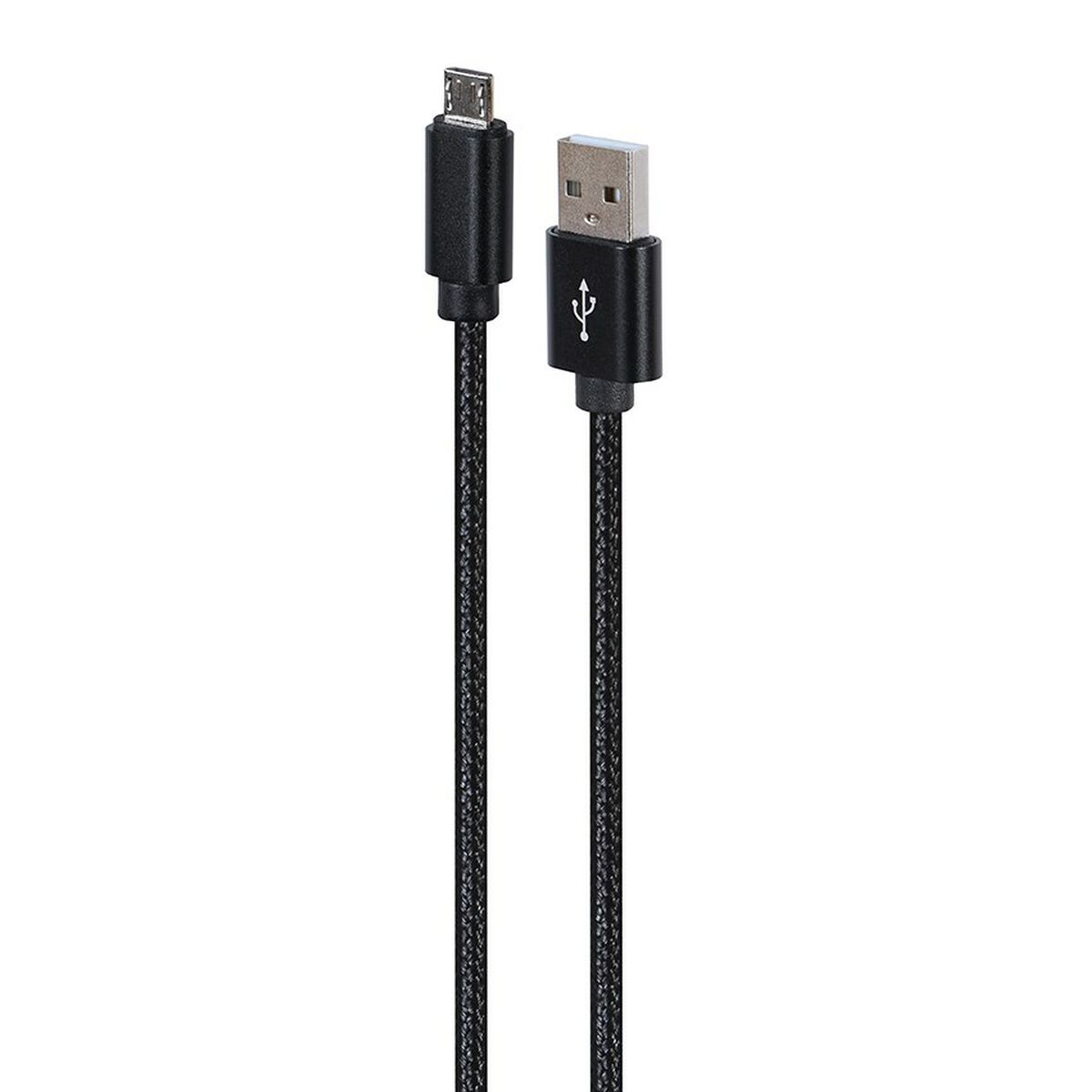 Cavo USB nero con connettore micro USB e USB-A su sfondo bianco.