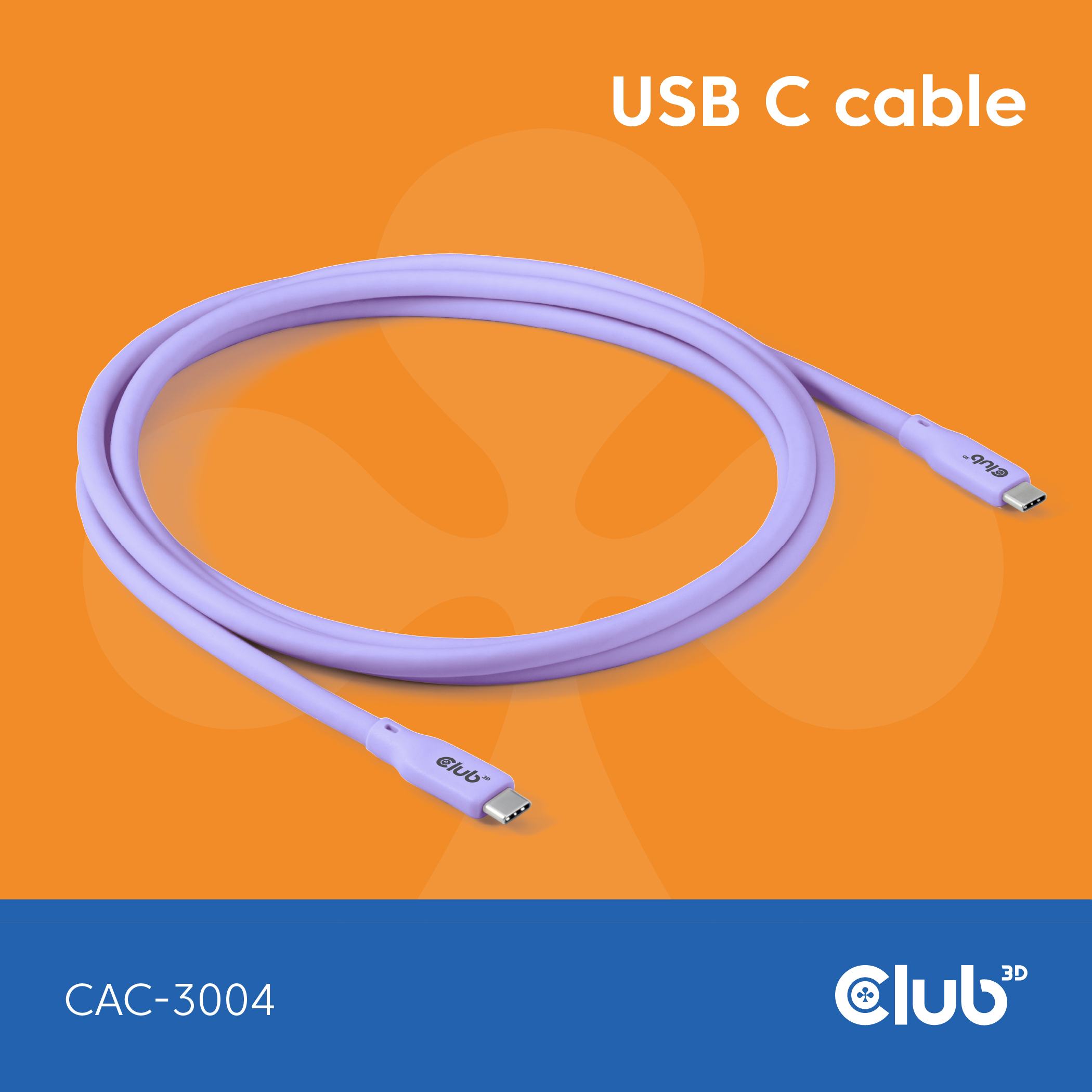 Cavo USB C viola con loghi Club 3D su sfondo arancione.