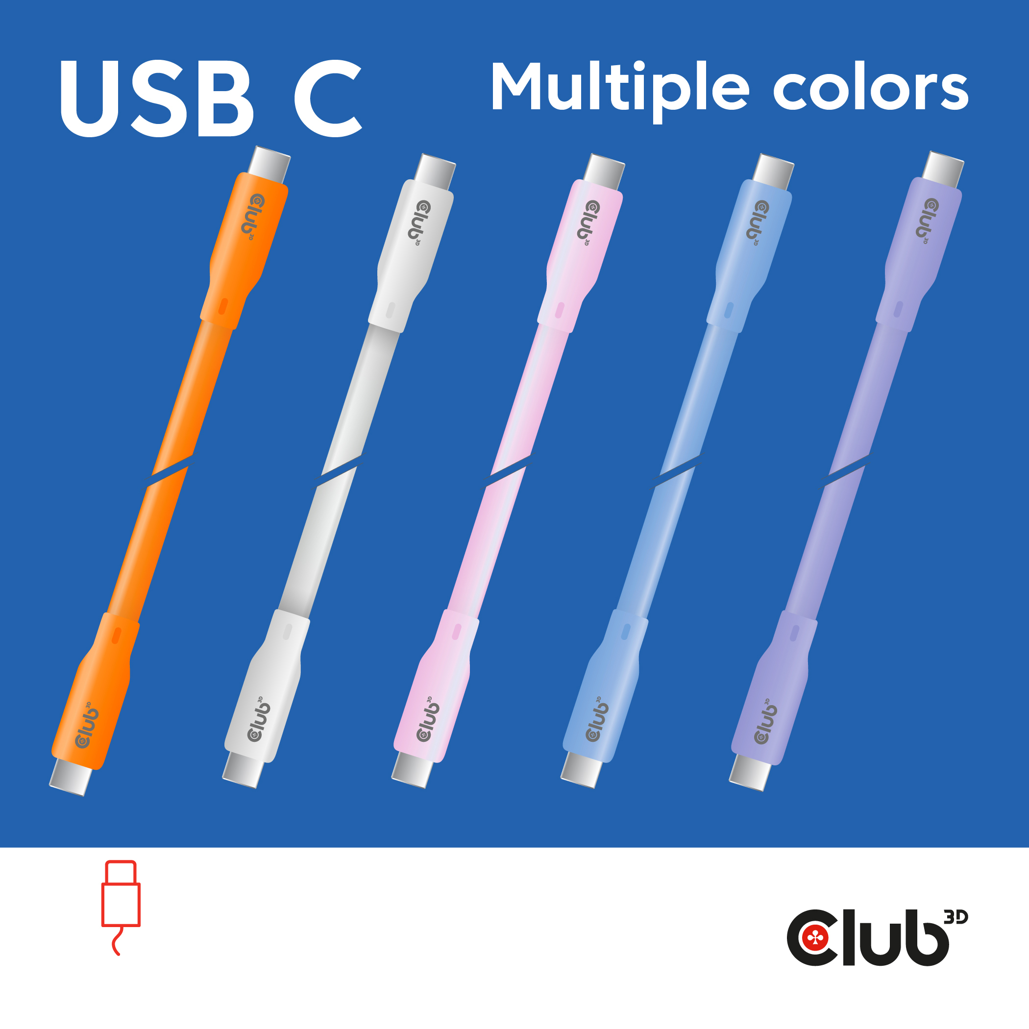 Più cavi USB-C, colori diversi, su sfondo blu.