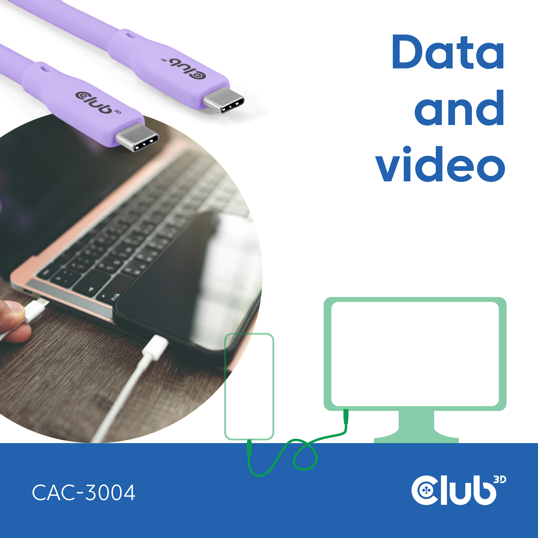 Cavo USB-C viola collegato a un laptop e a un monitor. Etichetta Club 3D visibile.