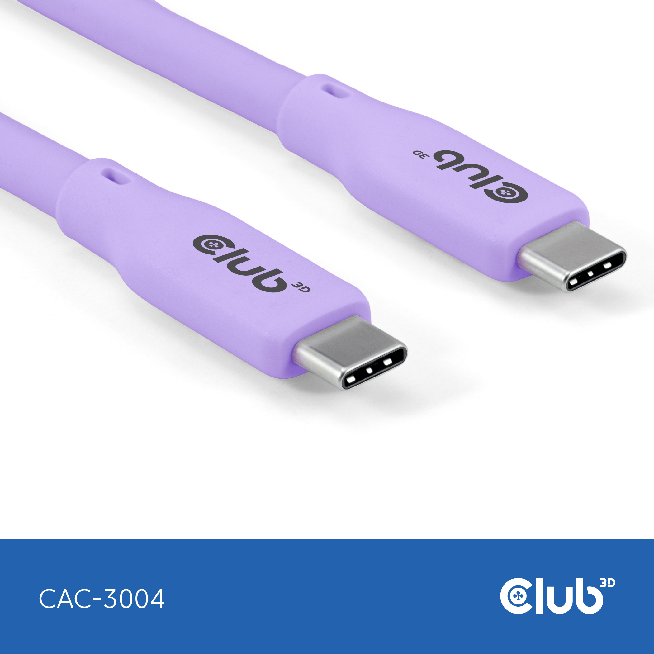 Cavo USB-C lilla con logo Club 3D. Sfondo bianco.
