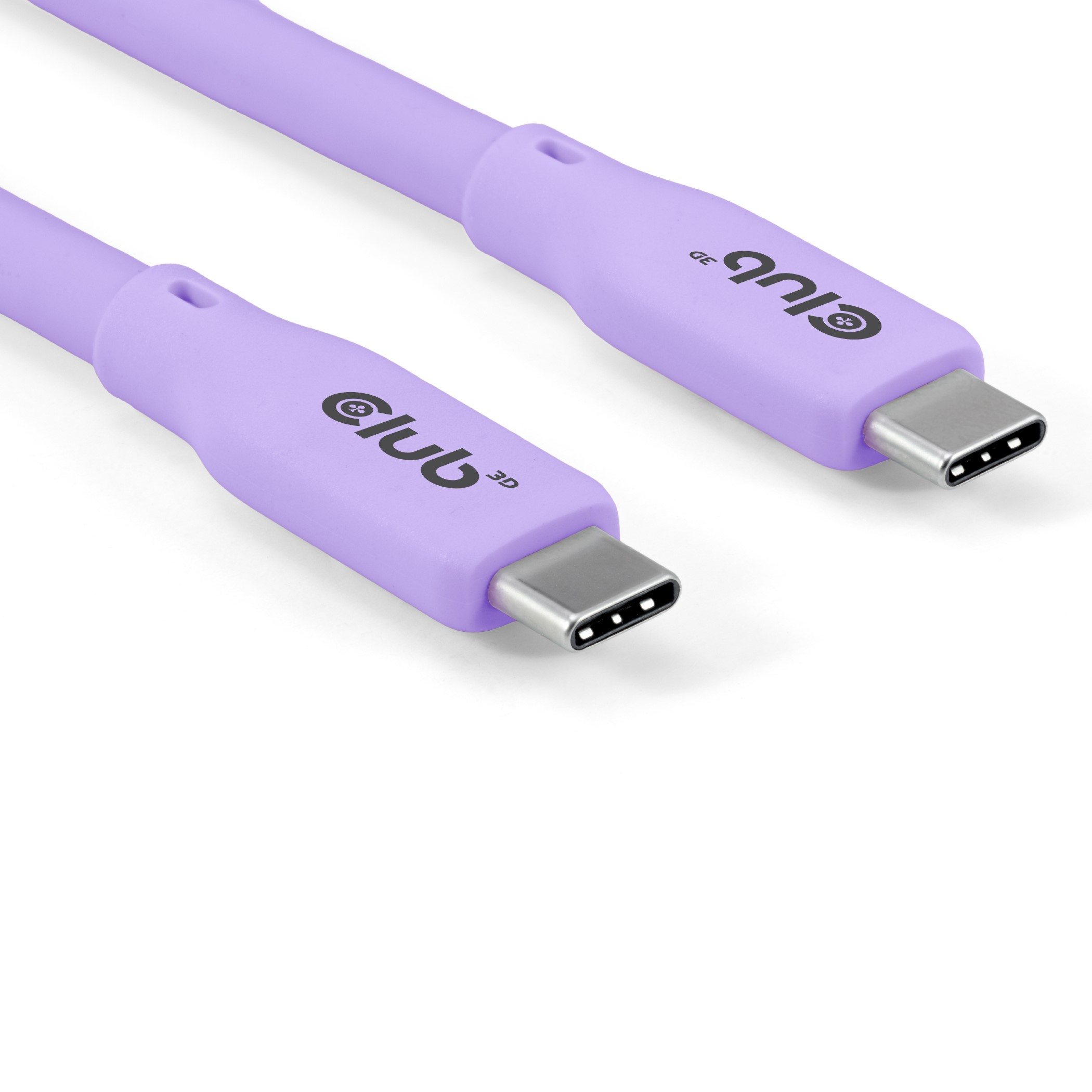 Cavo USB-C viola con marchio Club3D su sfondo bianco. Primo piano.