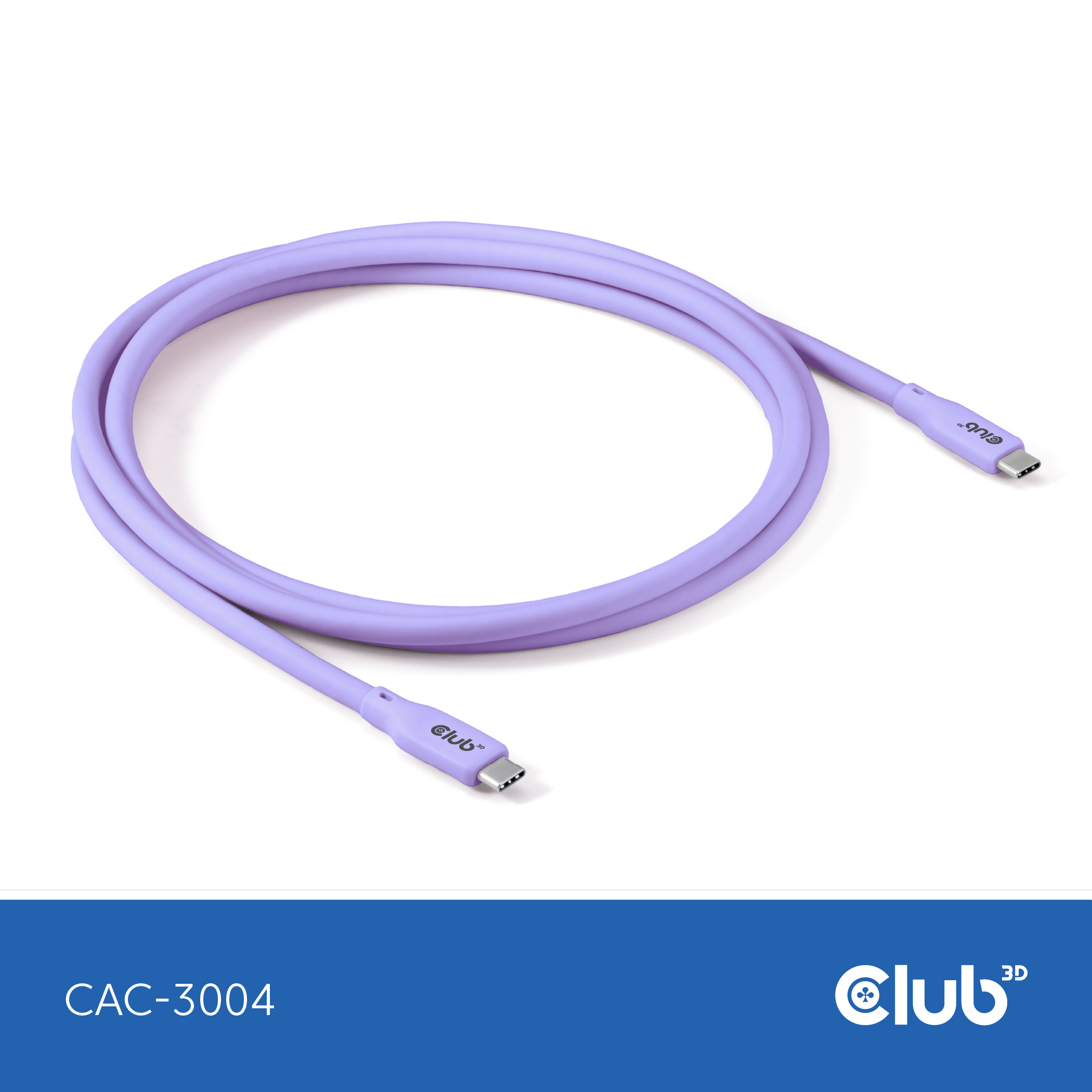 Cavo USB-C viola. Logo Club 3D su entrambe le estremità. Colore viola chiaro.