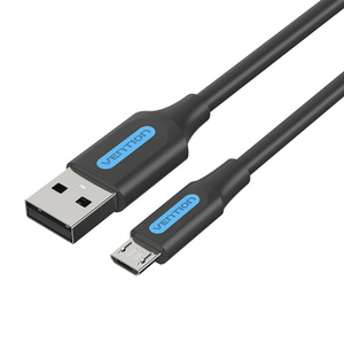 Cavo USB nero. Da USB-A a Micro-USB. Etichette blu Vention alle estremità.