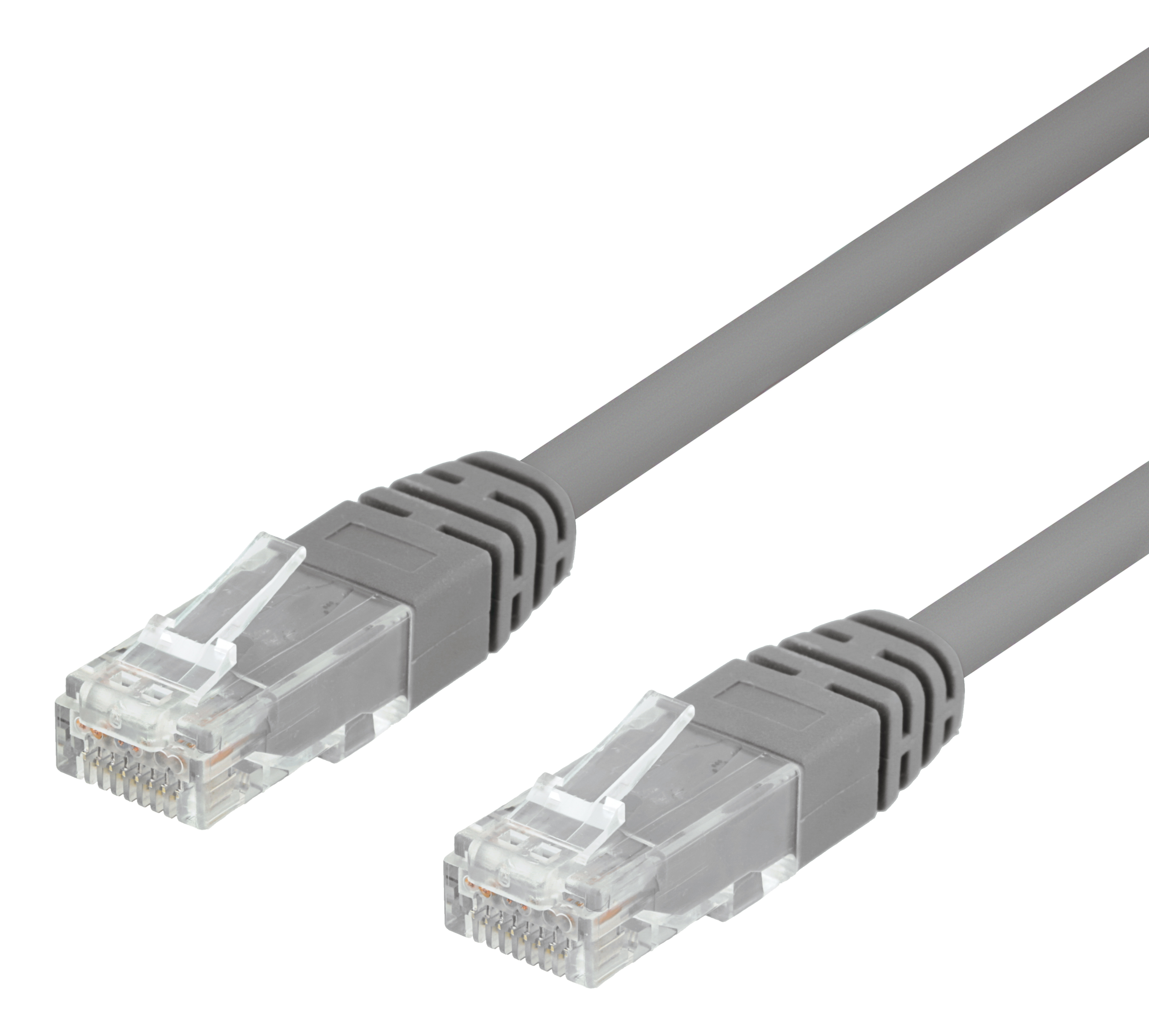 Due cavi Ethernet grigi con connettori trasparenti su sfondo bianco.