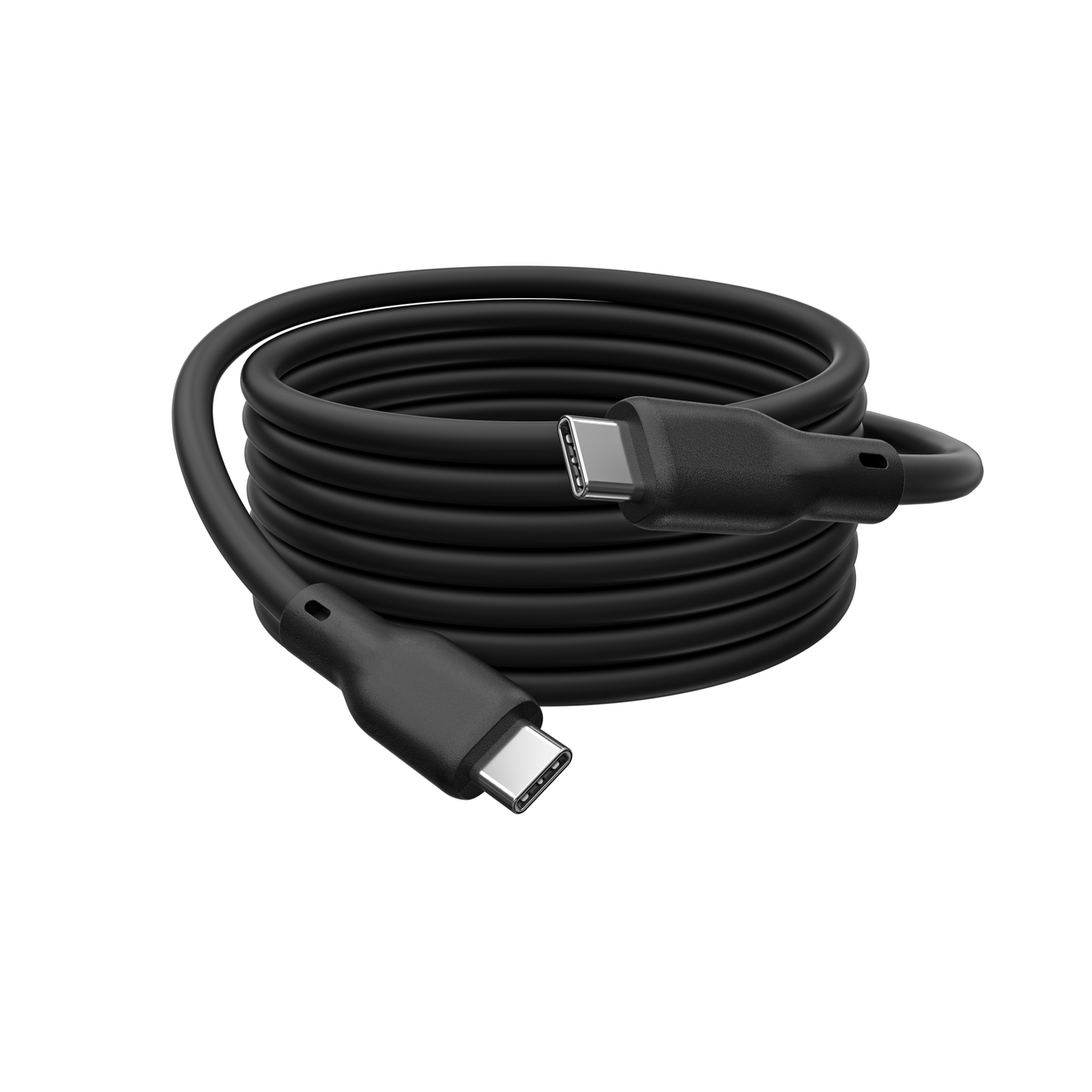 Câble USB-C vers USB-C noir, enroulé, fond noir.