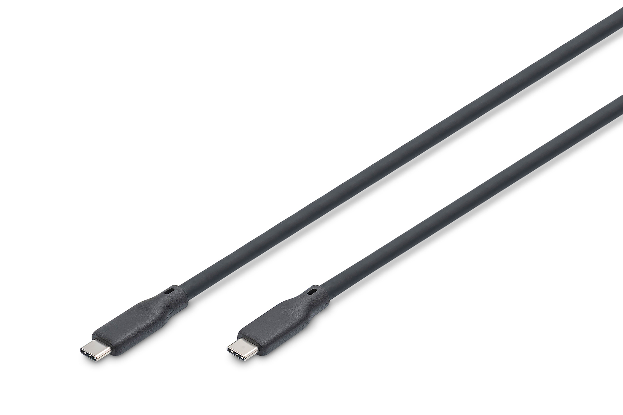 Deux câbles USB-C gris sur fond blanc. Gros plan.