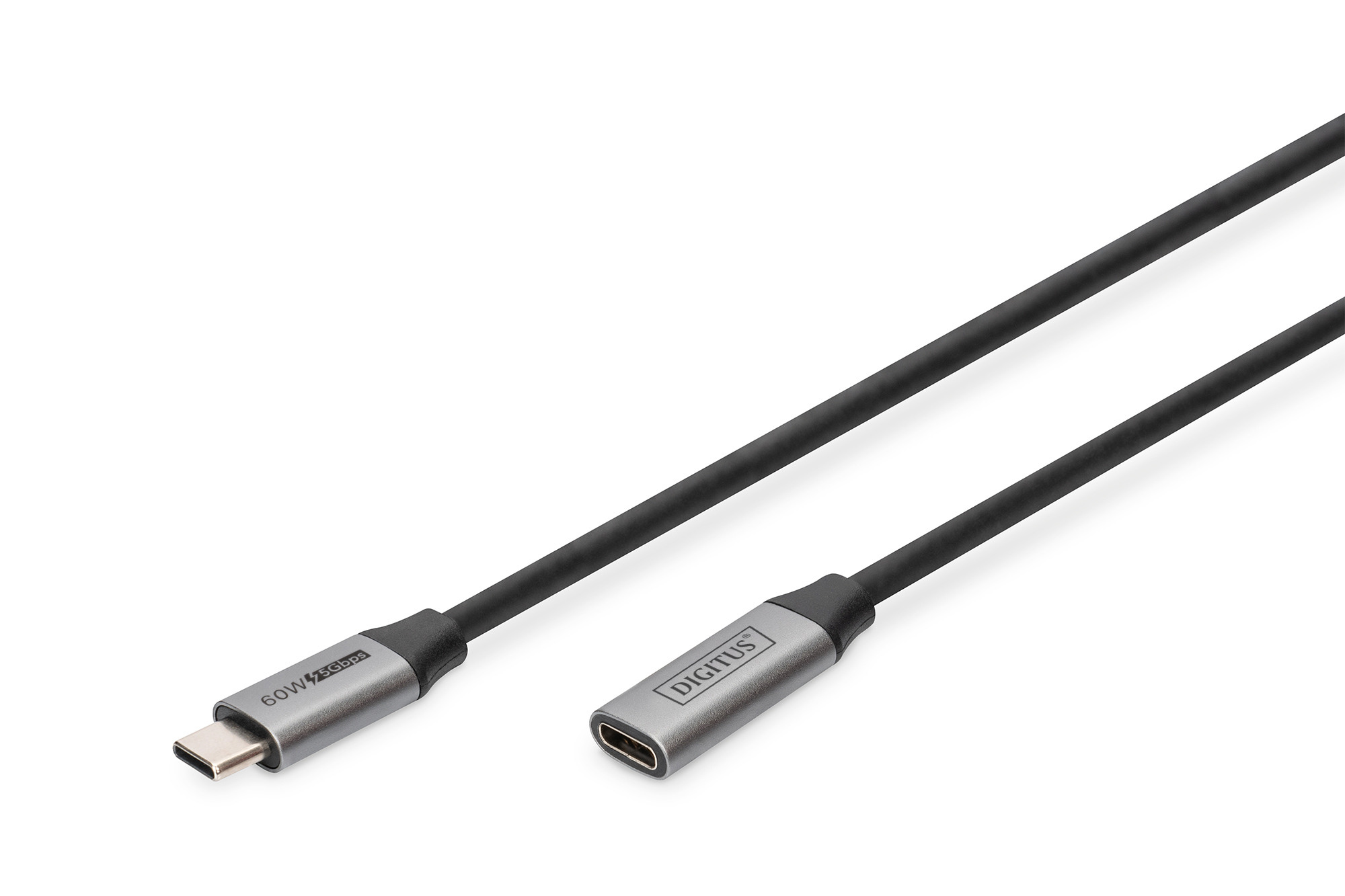 Cavo USB-C nero con connettori grigi. Sfondo bianco.